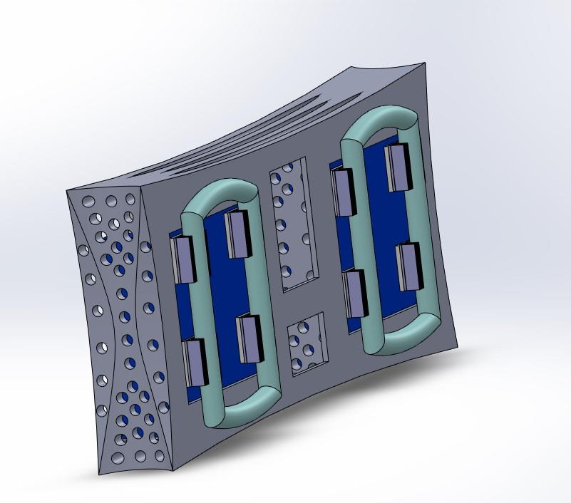 SolidWorks model of the aluminium frame with batteries, thermoelectric coolers and heat sinks